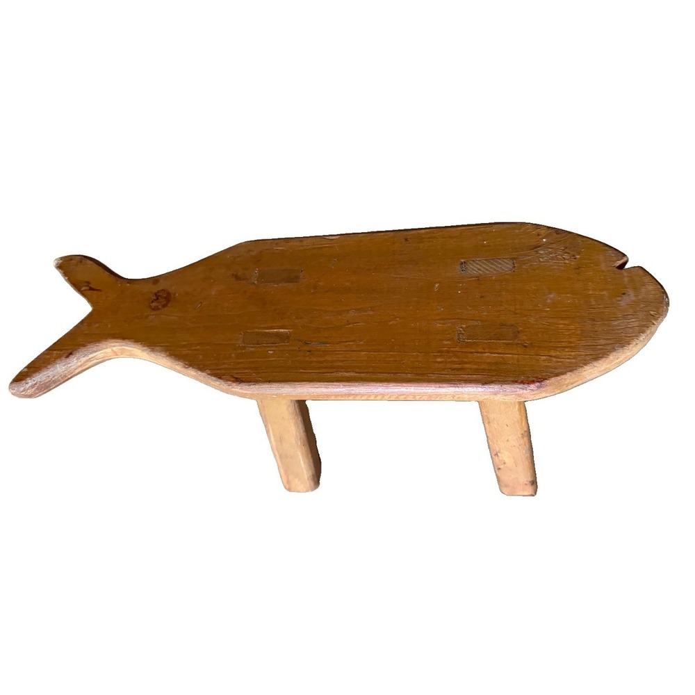 VTG Primitive Carved Wood Fish Stool Footstool Folk Art Splay Leg 16in Handmade